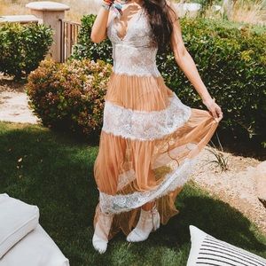 White Lace & Nude mesh Maxi Dress
